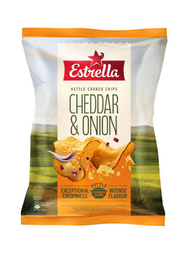 Bulvių traškučiai ESTRELLA KETTLE čederio ir raudonųjų svogūnų skonio, 120g