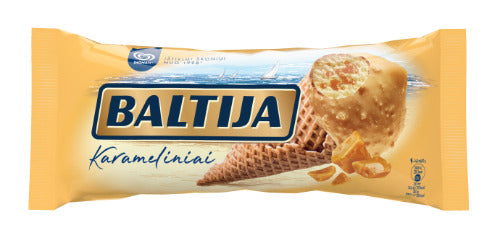Kondensuoto pieno skonio ledai su karameliniu įdaru BALTIJA Toffee, su biskvitiniu glaistu, 140 ml