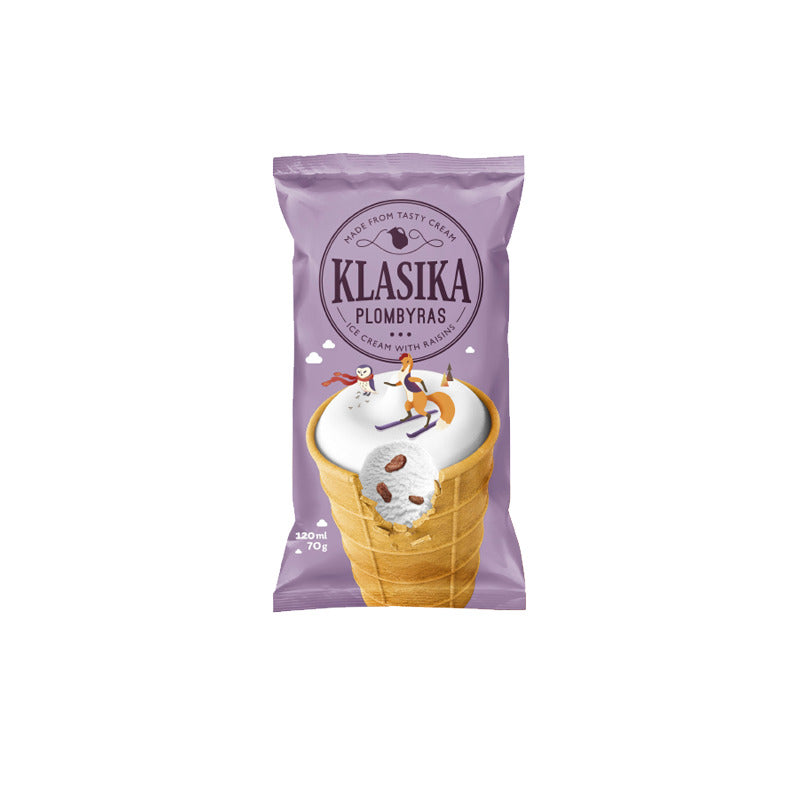 Vanilinis plombyras KLASIKA Raisins, iš grietinėlės, su razinomis, vafliniame puodelyje, 120ml