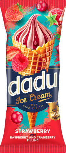 Braškiniai pieniniai ledai DADU su aviečių ir spanguolių įdaru, 150ml