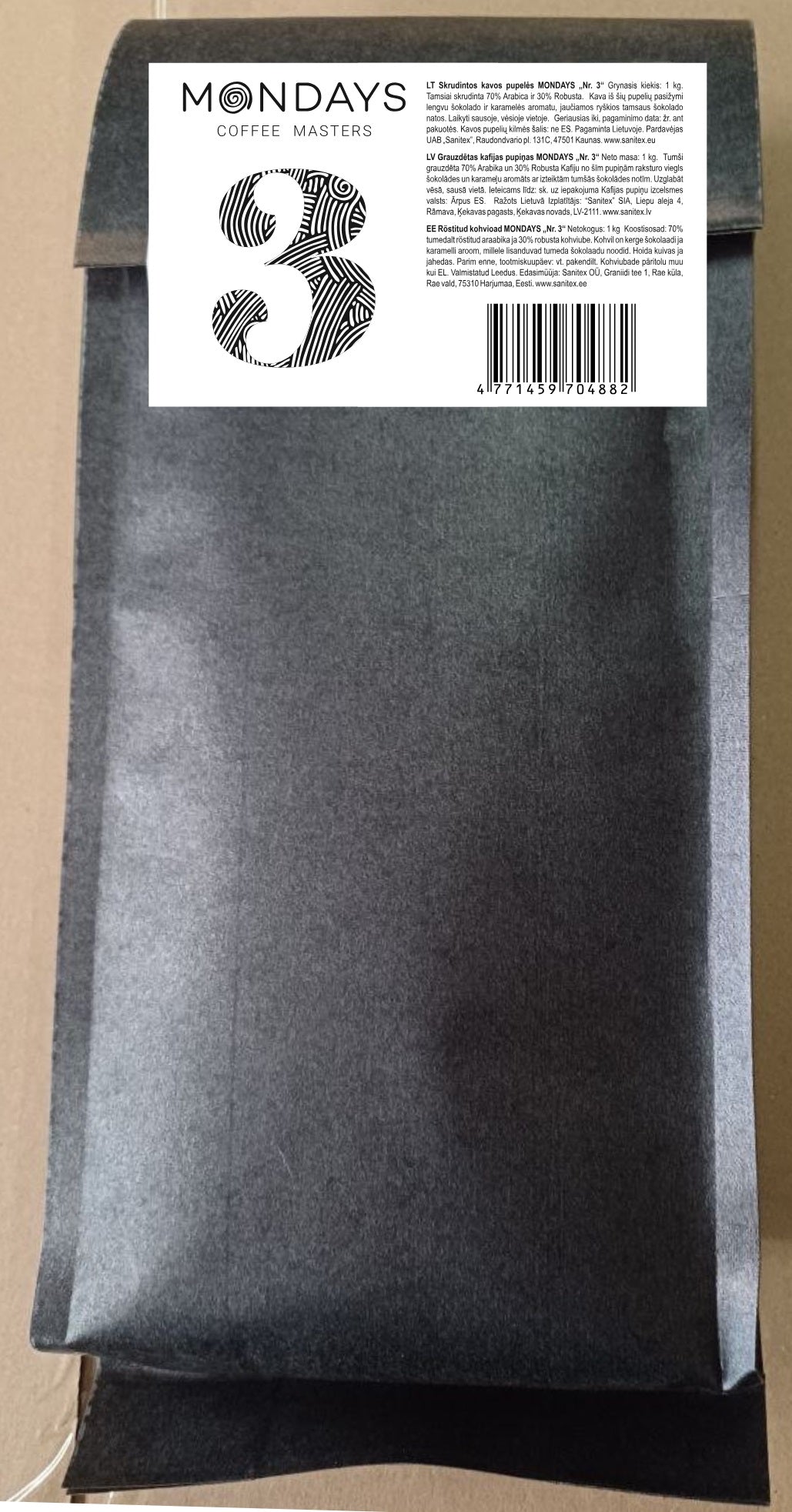 Kavos pupelės MONDAYS Nr.3,  Arabica ir Robusta, tamsiai skrudinta, 1 kg