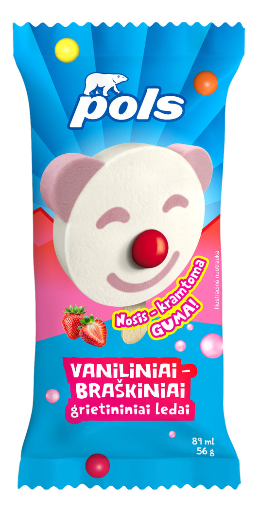 Valgomieji ledai POLS vaniliniai-braškiniai, su kramtoma guma, 89 ml