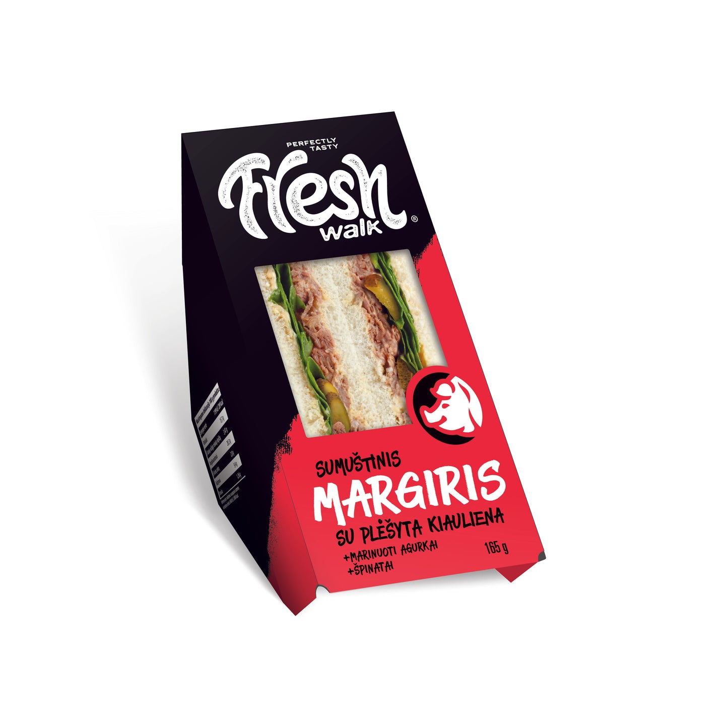 Trikampis sumuštinis MARGIRIS, su plėšyta kiauliena, marinuotais agurkais, špinatais, 165g