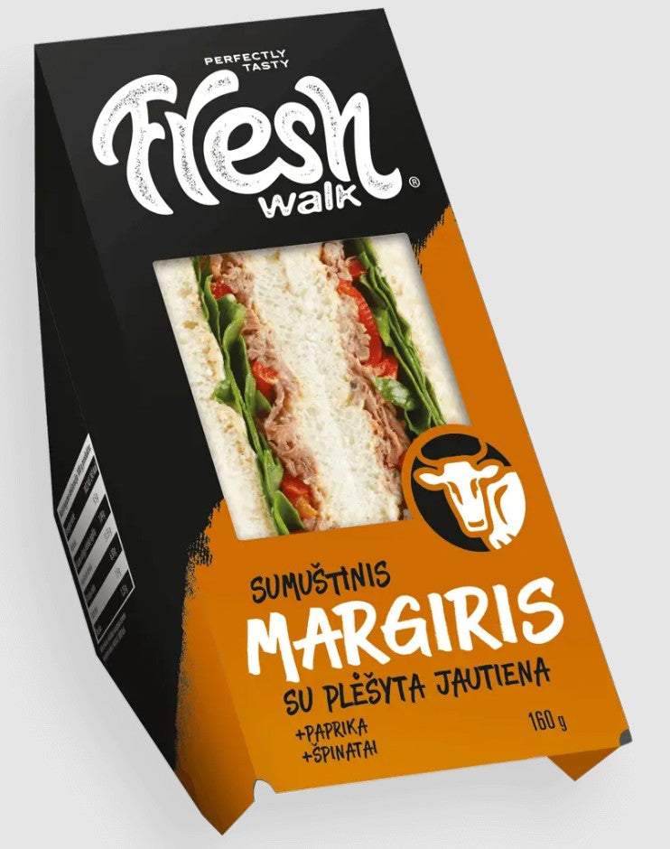 Trikampis sumuštinis MARGIRIS su plėšyta jautiena, paprika ir špinatais, 160g