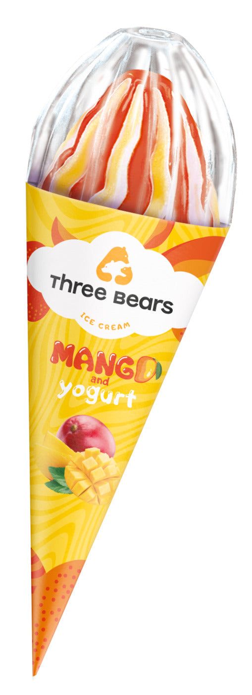 Valgomieji ledai THREE BEARS mangų jogurto skonio, vafliniame ragelyje, 150 g, 270 ml