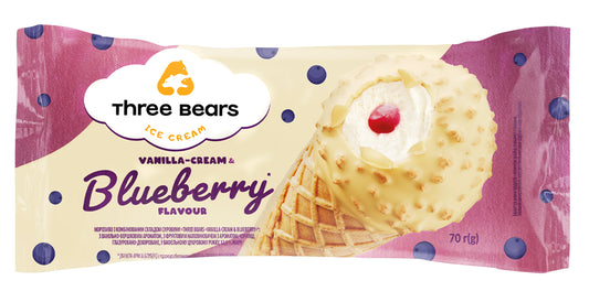 Valgomieji ledai THREE BEARS, vanilinio kremo ir mėlynių įdaru, vafliniame indelyje, 70g