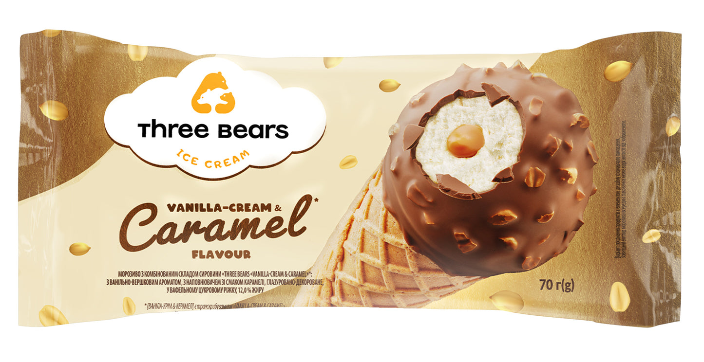 Valgomieji ledai THREE BEARS, vanilinio kremo ir karamelės įdaru, vafliniame indelyje, 70g