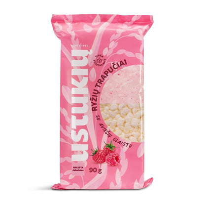 Rice crackers USTUKIų MILL, with raspberry glaze, 90 g