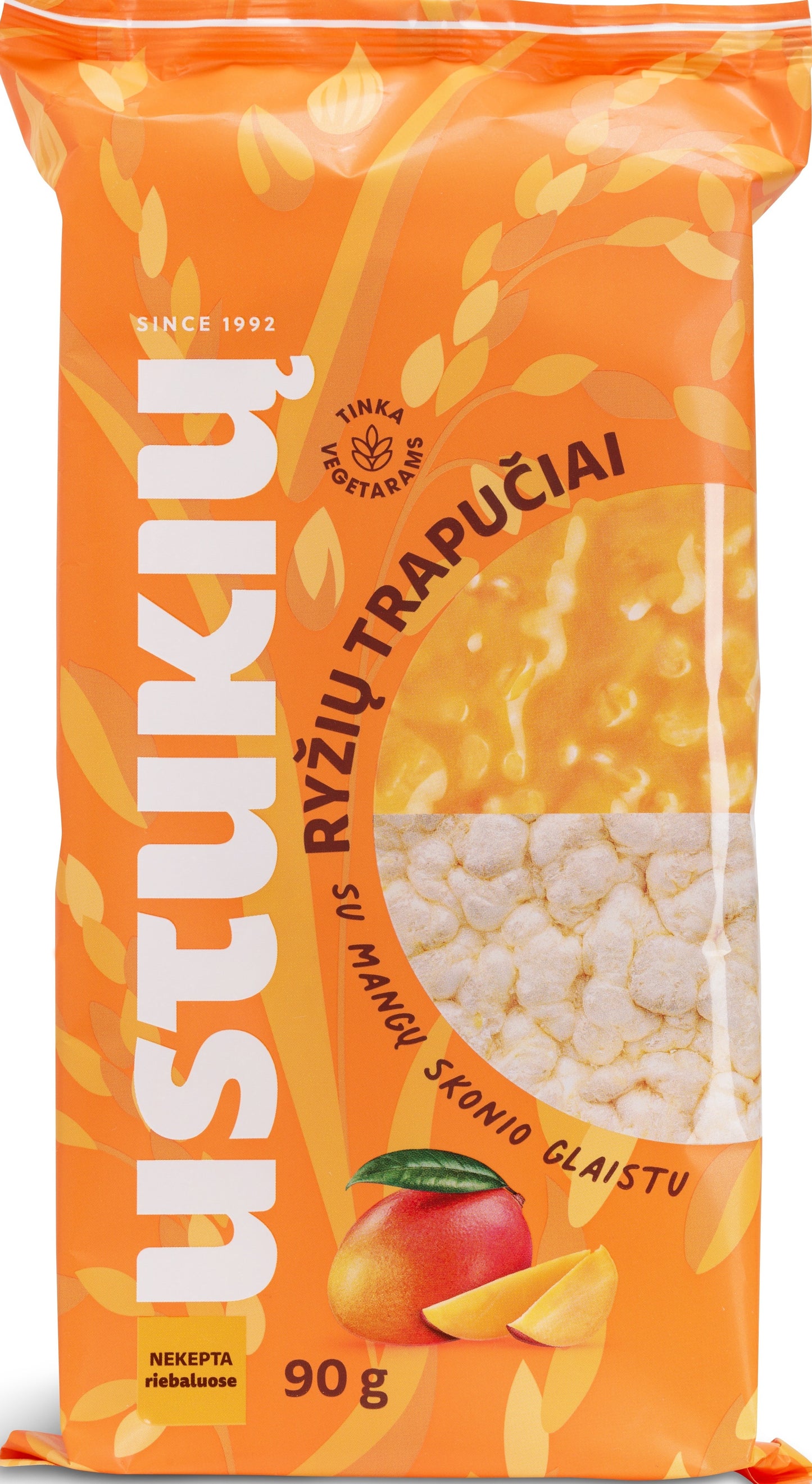 Rice crackers USTUKIų MALŪNAS, with mango-flavored coating, 90 g