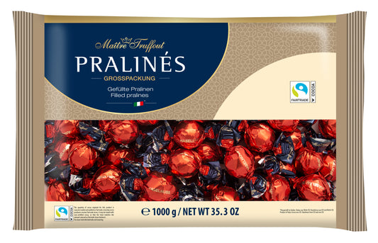 Šokoladiniai saldainiai PRALINES, red/gold, su lazdyno riešutų kremu, 1 kg