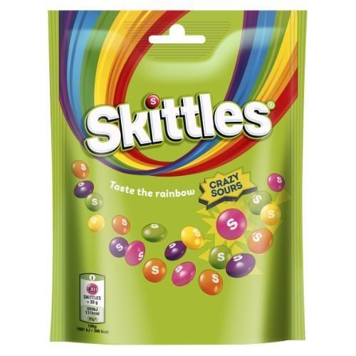 Kramtomieji saldainiai SKITTLES Crazy Sours rūgštūs vaisių skonio traškiame cukraus glajuje, 152 g