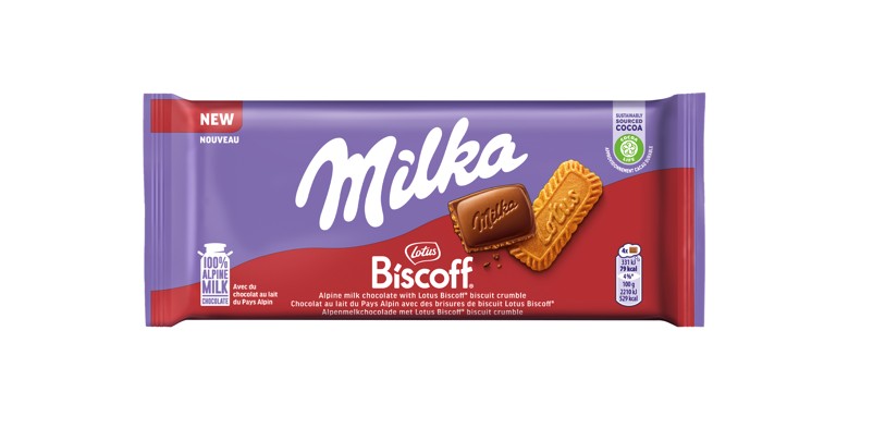 Milk chocolate MILKA Biscoff from Alpine milk with caramelized biscuit pieces, 90 g