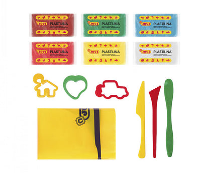 SUPER  rinkinys Jovi: Plastilias 6 blokeliai x 50 gr + 3 modeliavimo peiliukai + 3 formelės + stalti