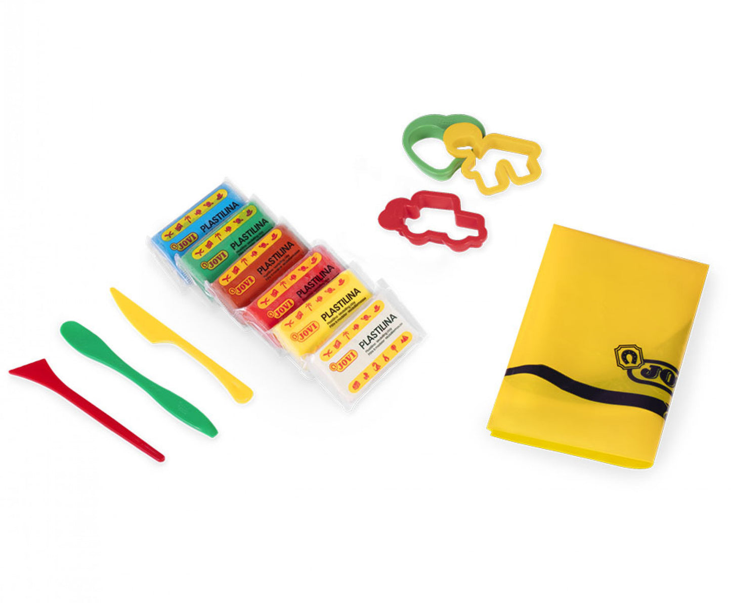 SUPER  rinkinys Jovi: Plastilias 6 blokeliai x 50 gr + 3 modeliavimo peiliukai + 3 formelės + stalti