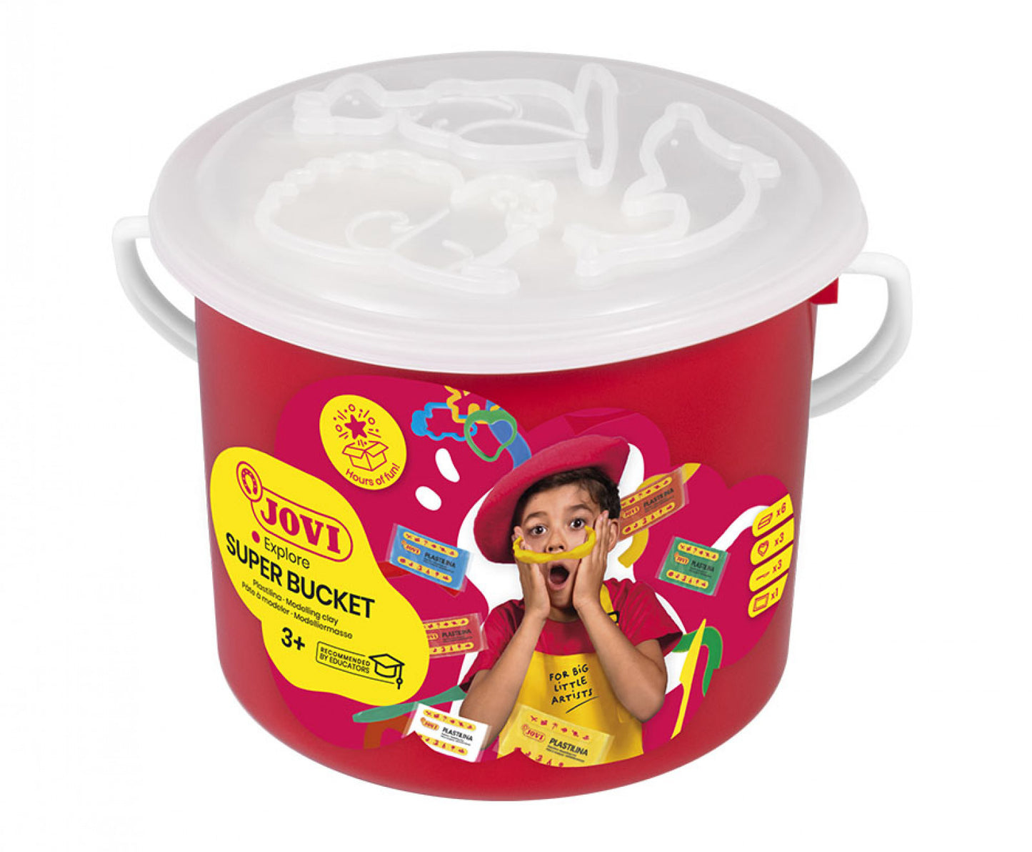 SUPER  rinkinys Jovi: Plastilias 6 blokeliai x 50 gr + 3 modeliavimo peiliukai + 3 formelės + stalti