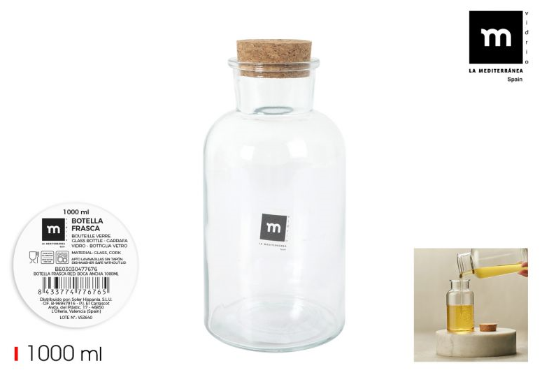 Butelis, su kamščiu, stiklas, 1 l, vnt