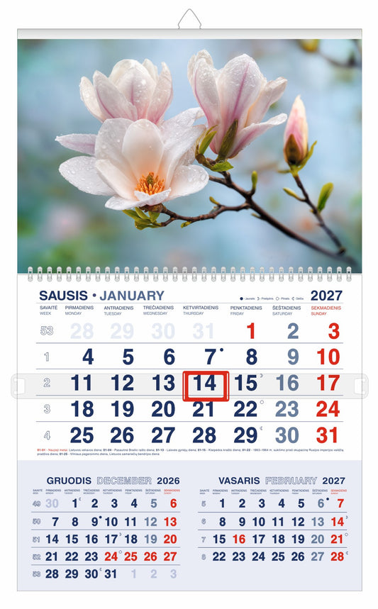 Hanging calendar SOLAR TOUCH 2026, three in one