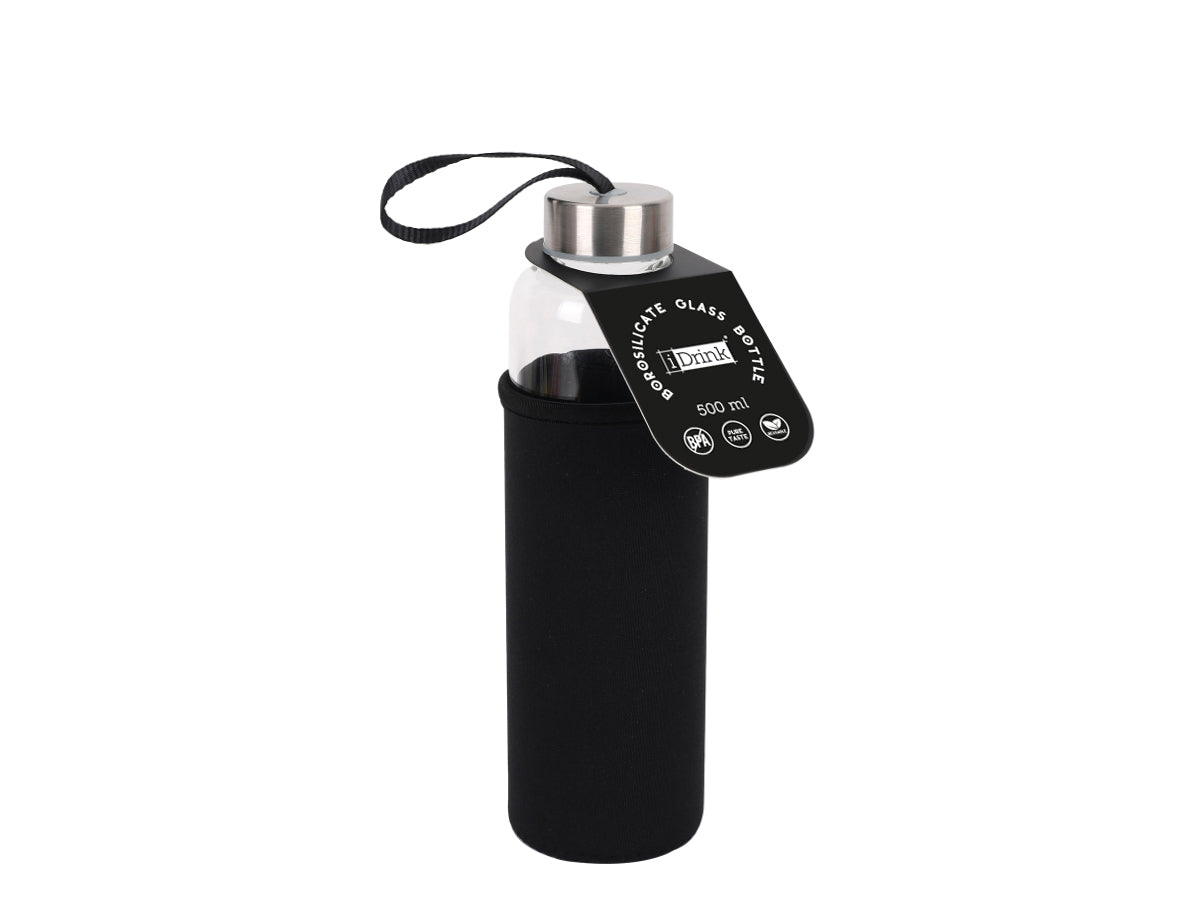 Borosilicate glass bottle Itotal with black neoprene sleeve, 500 ml