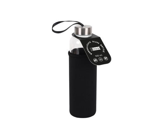 Borosilicate glass bottle Itotal with black neoprene sleeve, 500 ml