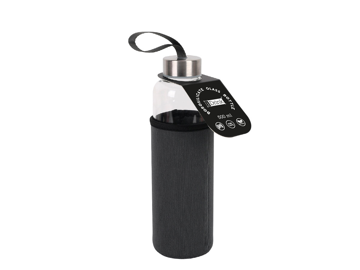 Borosilicate glass bottle Itotal with gray neoprene sleeve, 500 ml