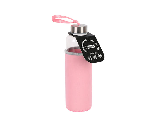 Borosilicate glass bottle Itotal with pink neoprene sleeve, 500 ml