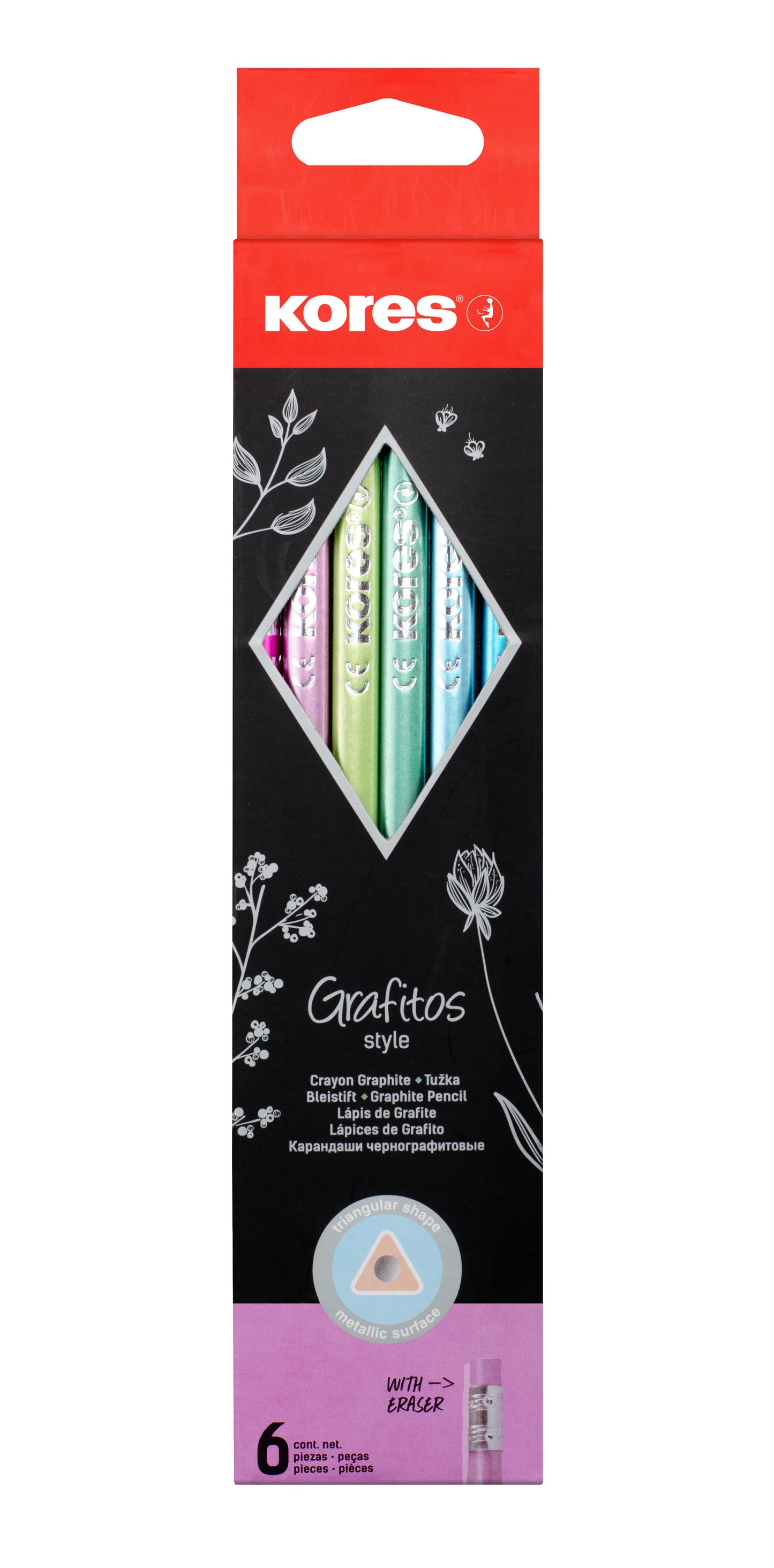 Graphite pencil set KORES GRAFITOS STYLE with eraser, trihedral, HB, 6 metallic colors