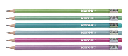 Graphite pencil set KORES GRAFITOS STYLE with eraser, trihedral, HB, 6 metallic colors