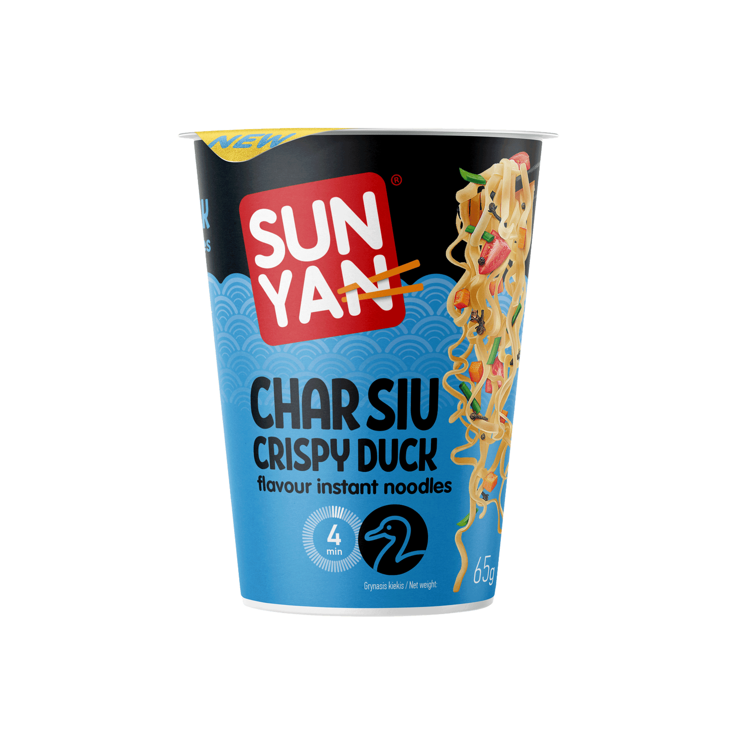 Greitai paruošiami makaronai SUN YAN, traškios antienos Char Siu skonio, 65g