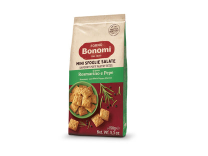 Sluoksniuotos tešlos užkandžiai FORNO BONOMI, su rozmarinu ir pipirais, 150 g