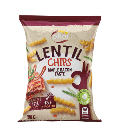 Raudonųjų lęšių traškučiai OHO, Maple bacon skonio, 100 g