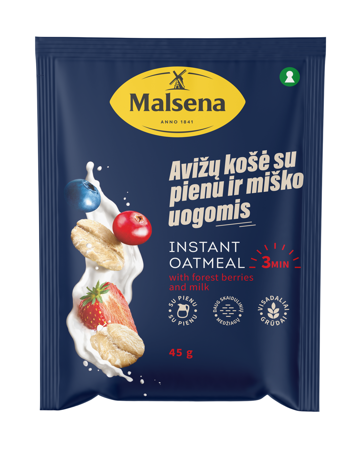 Quick oatmeal porridge, MALSENA, with forest berries and milk, 45 g