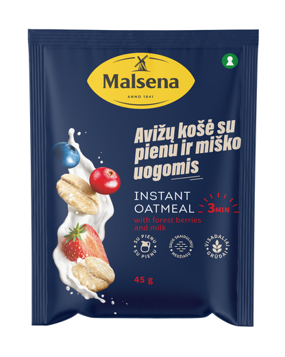 Quick oatmeal porridge, MALSENA, with forest berries and milk, 45 g