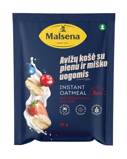 Greitai paruošiama avižinė košė, MALSENA, su miško uogomis ir pienu, 45 g