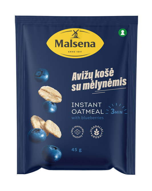 Greitai paruošiama avižinė košė MALSENA, su mėlynių gabaliukais, 45 g