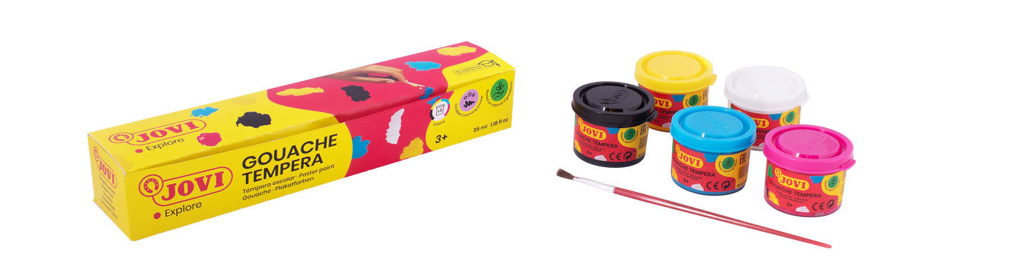 Guašas tempera JOVI, 35ml, 5 spalvų rinkinys su teptuku