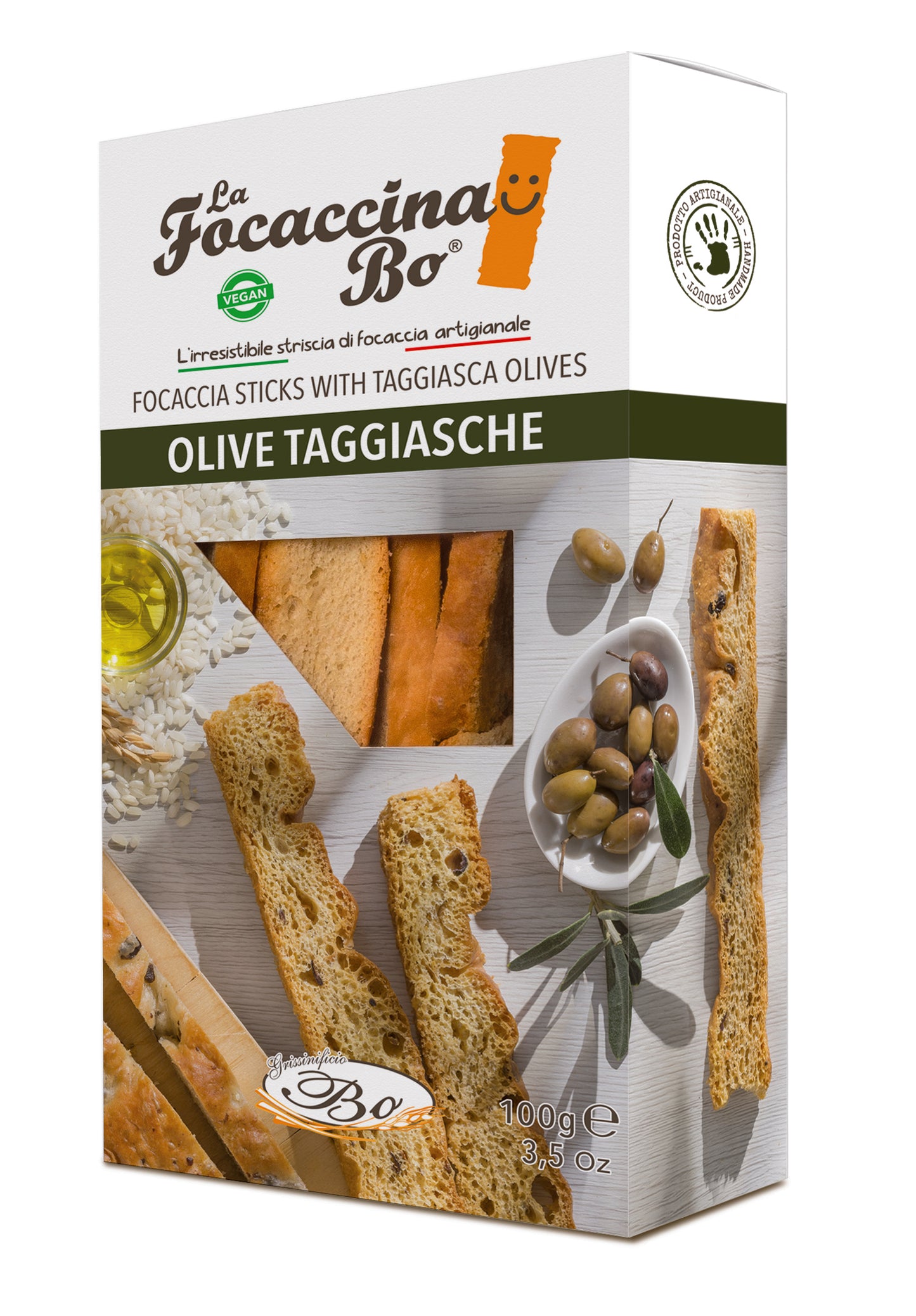 Breadsticks FOCACCINA, Olive Taggiasche, with olives, rice oil, 100 g