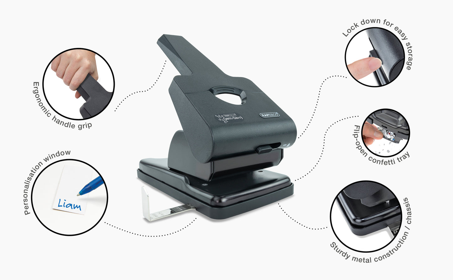 RAPESCO Germ-Savvy™ Hole Punch: HD865, 2-hole, 50 sheets, black