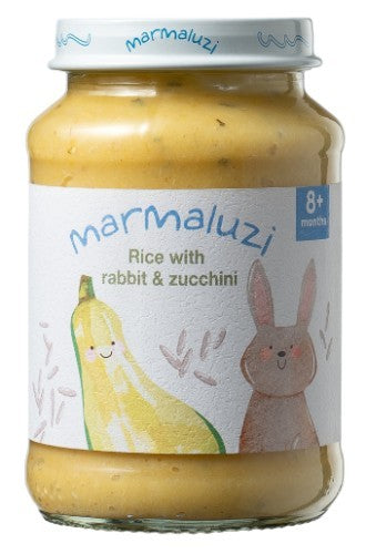 Triušiena MARMALUZI su ryžių dribsniais ir cukinijomis, 8 mėn. 190g.