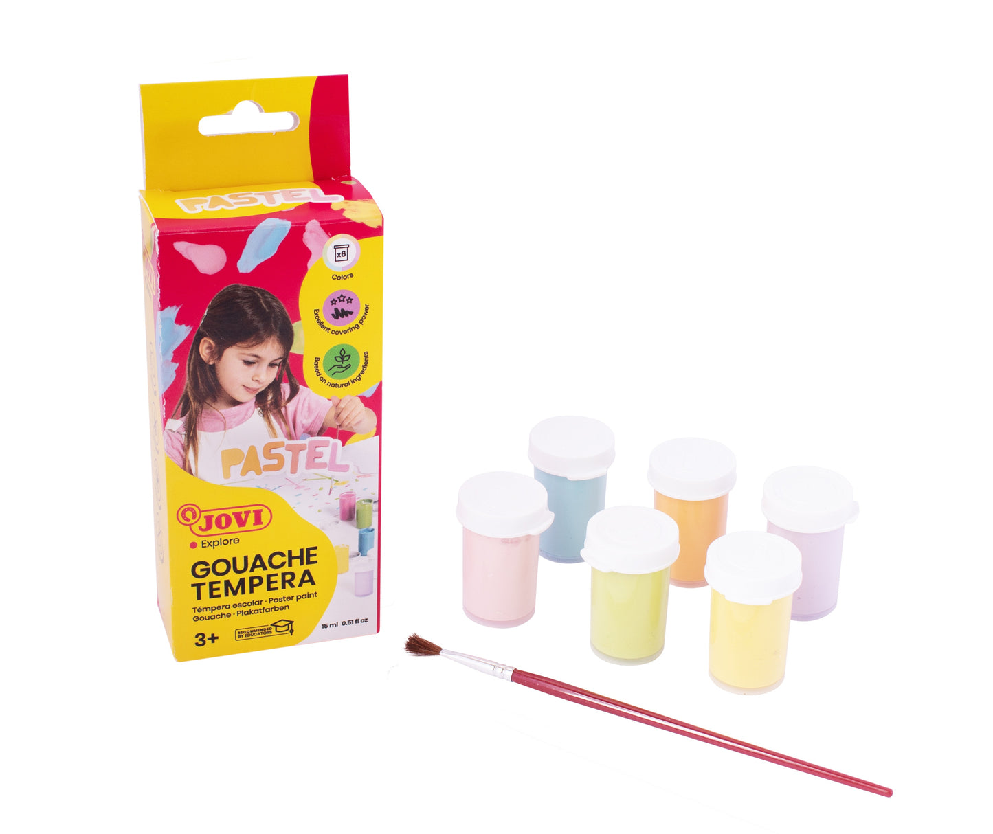 Guašas tempera JOVI, 15 ml, 6 pastelinių spalvų rinkinys su teptuku