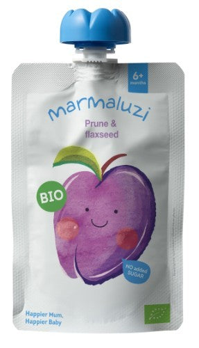 Tyrelė MARMALUZI, ekologiška su džiovintomis slyvomis ir linų sėmenimis nuo 6 mėnesių, 90 g EKO-001