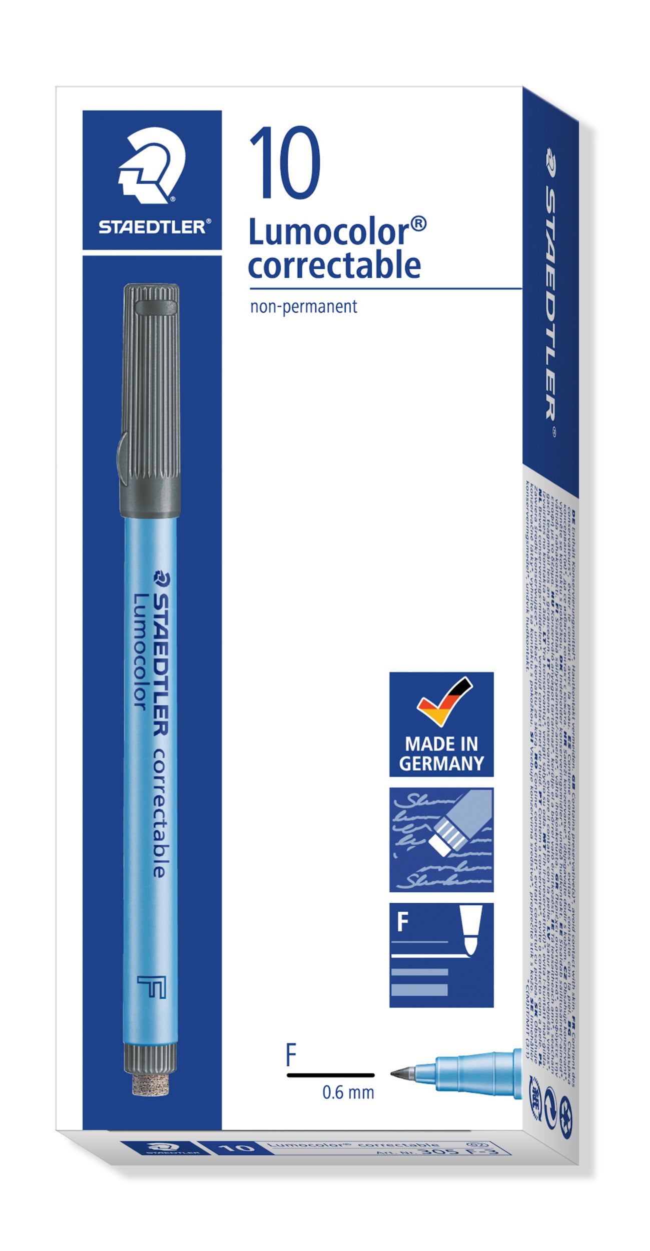 Sauso valymo koreguojamasis žymeklis STAEDTLER Lumocolor F, 0,6 mm brėžis, mėlyna sp.