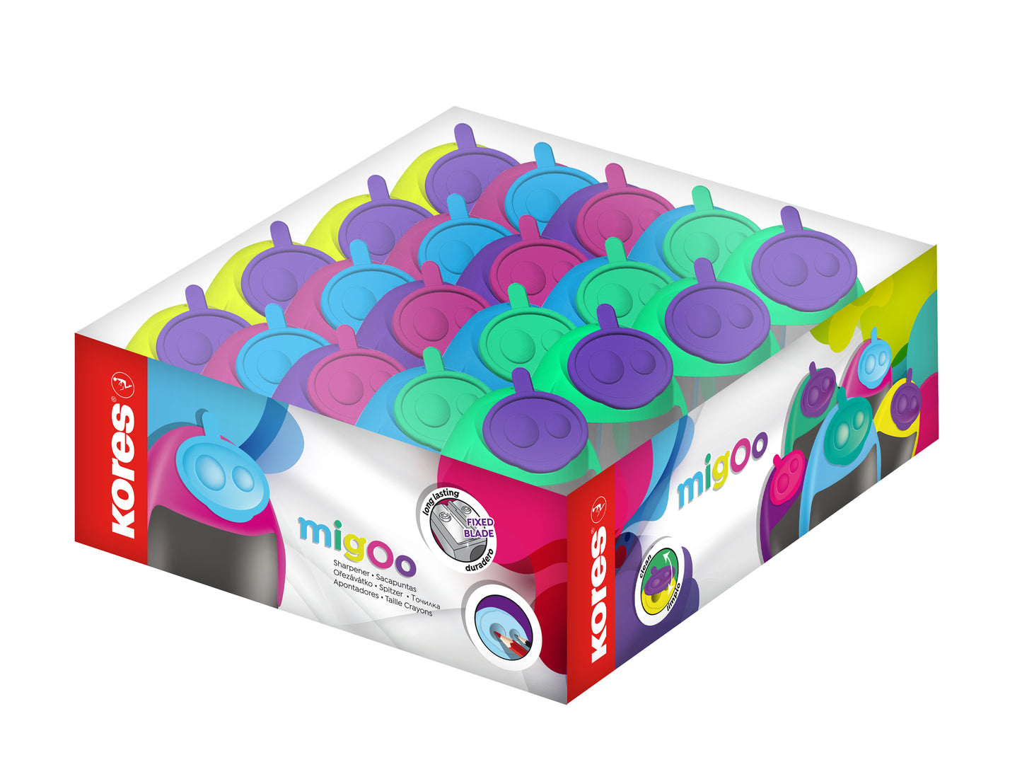 "MIGOO" plastikinis dvigubas drožtukas, 5 mišrios spalvos plastikinėje dėžutėje