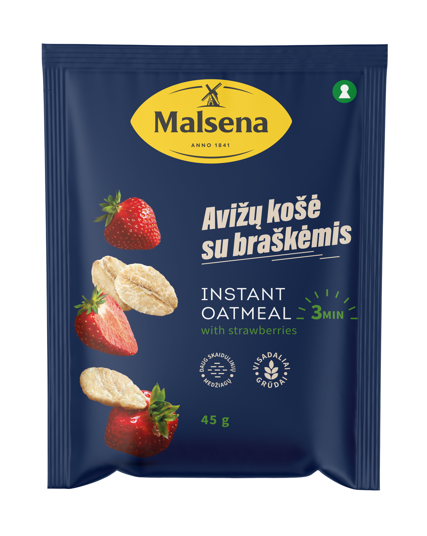 Greitai paruošiama avižinė košė  MALSENA, su braškių gabaliukais, 45 g