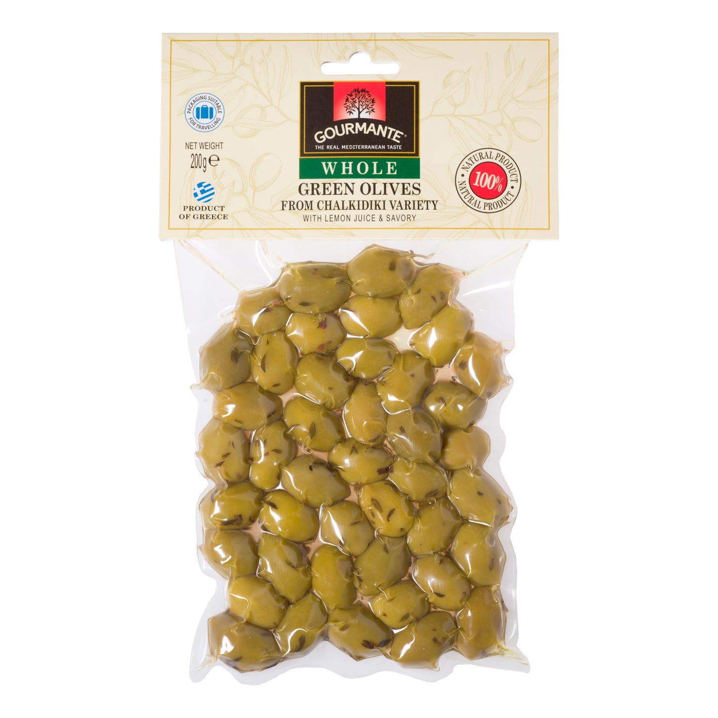 Marinuotos žaliosios alyvuogės GOURMANTE, su kauliuku, su citrina, 200g