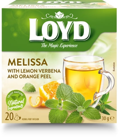 Žolelių arbatos gėrimas LOYD, Melisa su citrinine aloyzija ir apelsino žievelės skoniu, 20x2 g