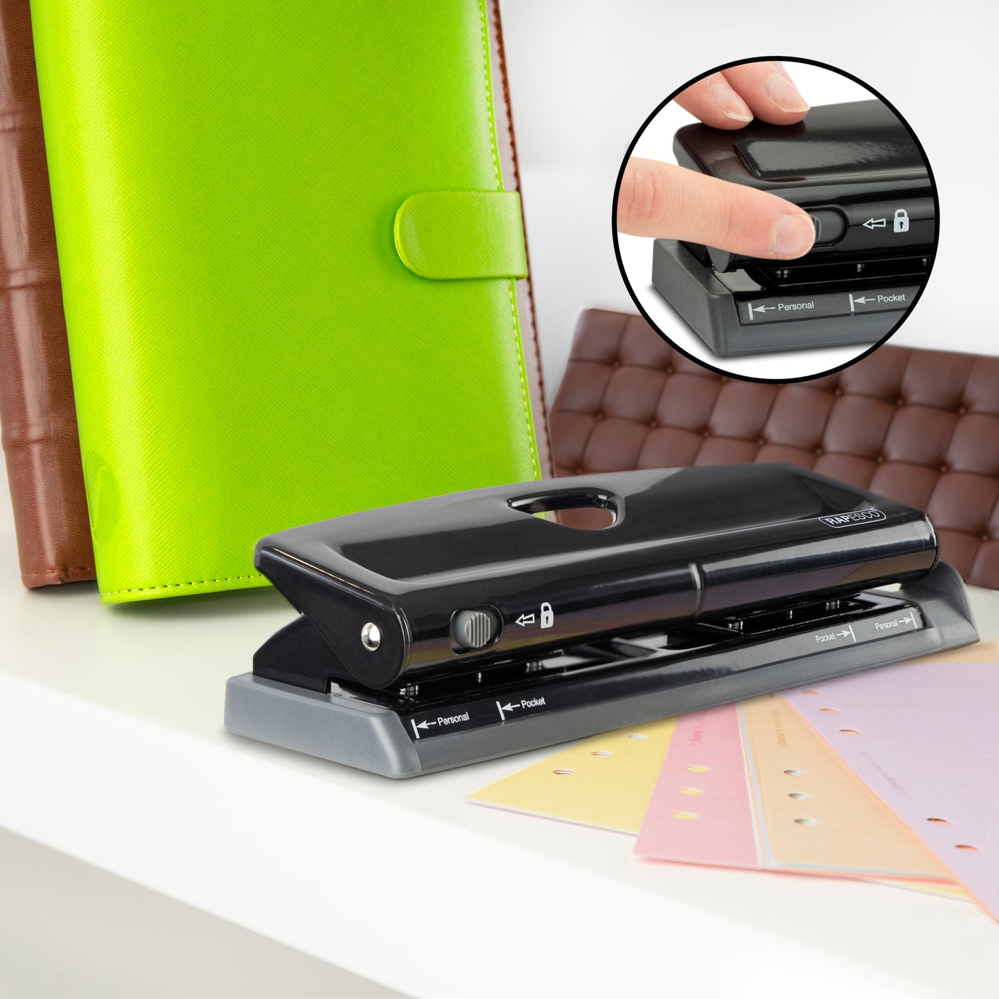 Adjustable hole punch RAPESCO, 6 holes, 9 sheets, black