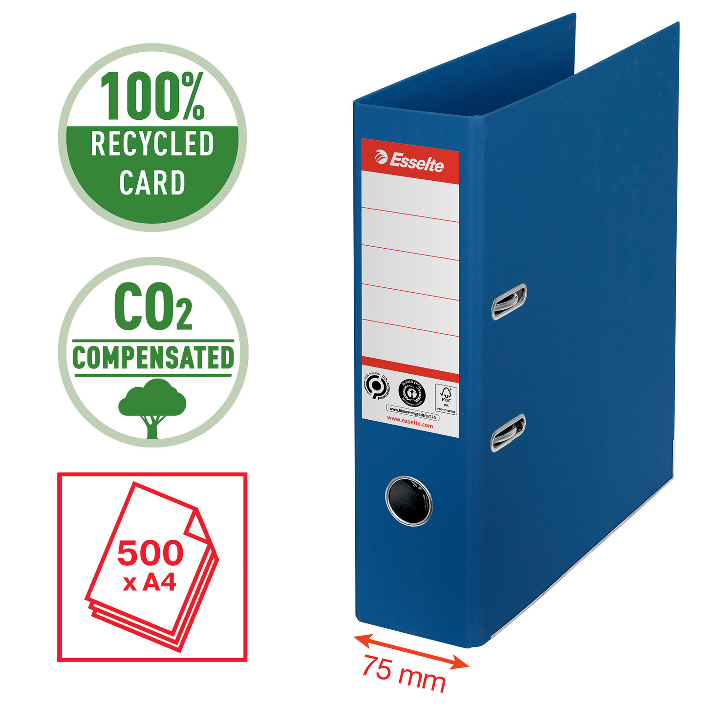 Binder ESSELTE No1 eco-friendly, A4, cardboard, 75 mm, blue