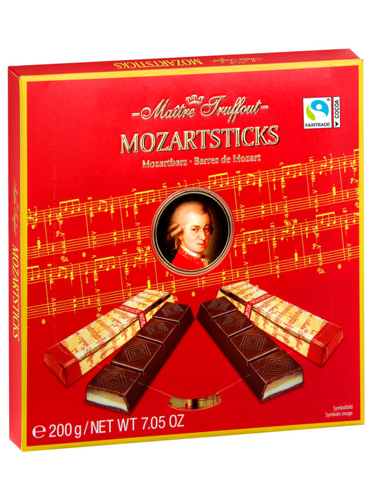 Chocolate candies MAITRE TRUFFOUT, Mozartsticks, with marzipan and pistachio cream, 200 g