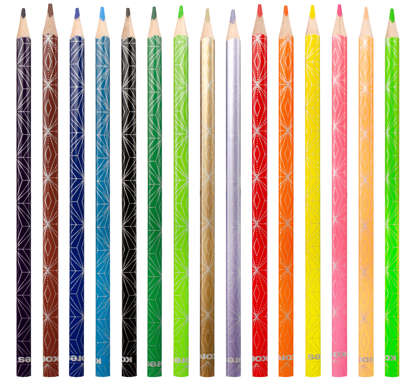 Spalvoti pieštukai KORES KOLORES STYLE, tribriauniai, 3mm, 15 spalvų (2 metalizuotos spalvos ir 1 neoninė)