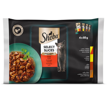 Ėdalas katėms SHEBA, įvairios mėsos rinkinys, maišeliuose, 4 x 85 g